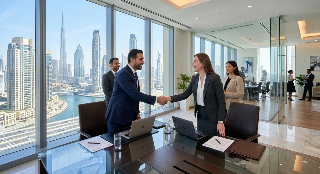 Entrepreneurs consulting with the best business setup company dubai